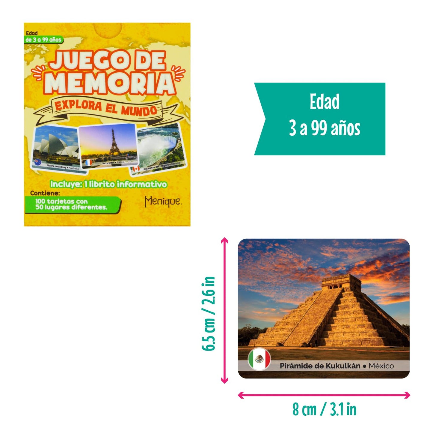 Menique Explore The World Memory Matching Game – Spanish Edition, 100 Cards (50 Pairs) with Iconic Landmarks, Country & Flag