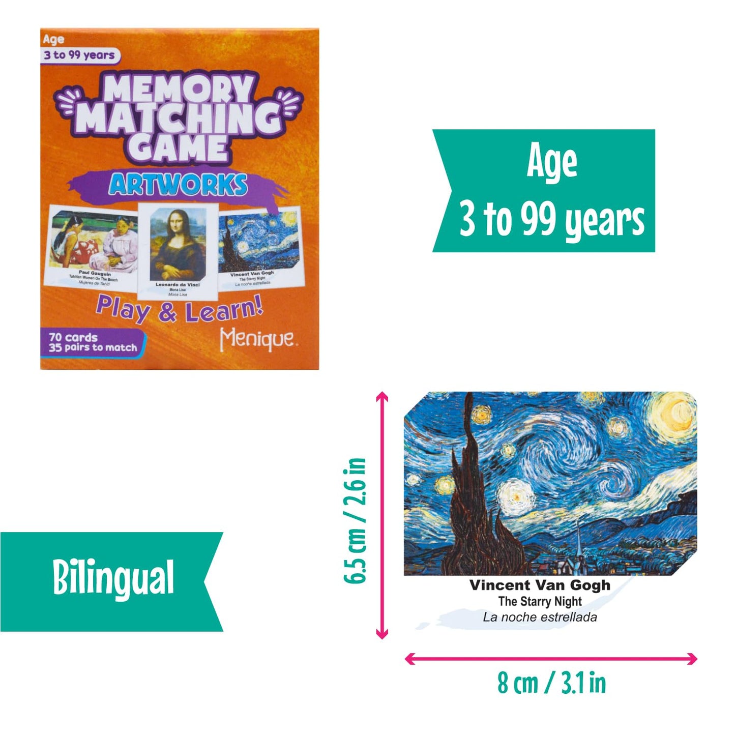 Menique Memory Matching Game – 70 Cards, 35 Pairs – Bilingual Art Game for Adults & Kids
