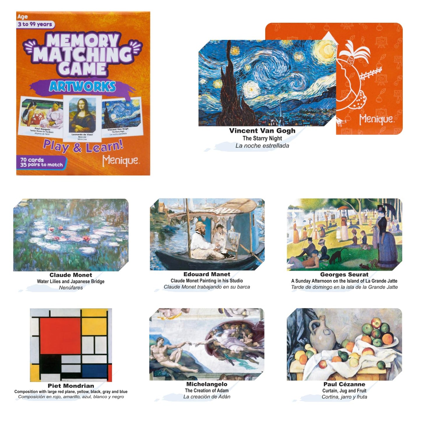 Menique Memory Matching Game – 70 Cards, 35 Pairs – Bilingual Art Game for Adults & Kids