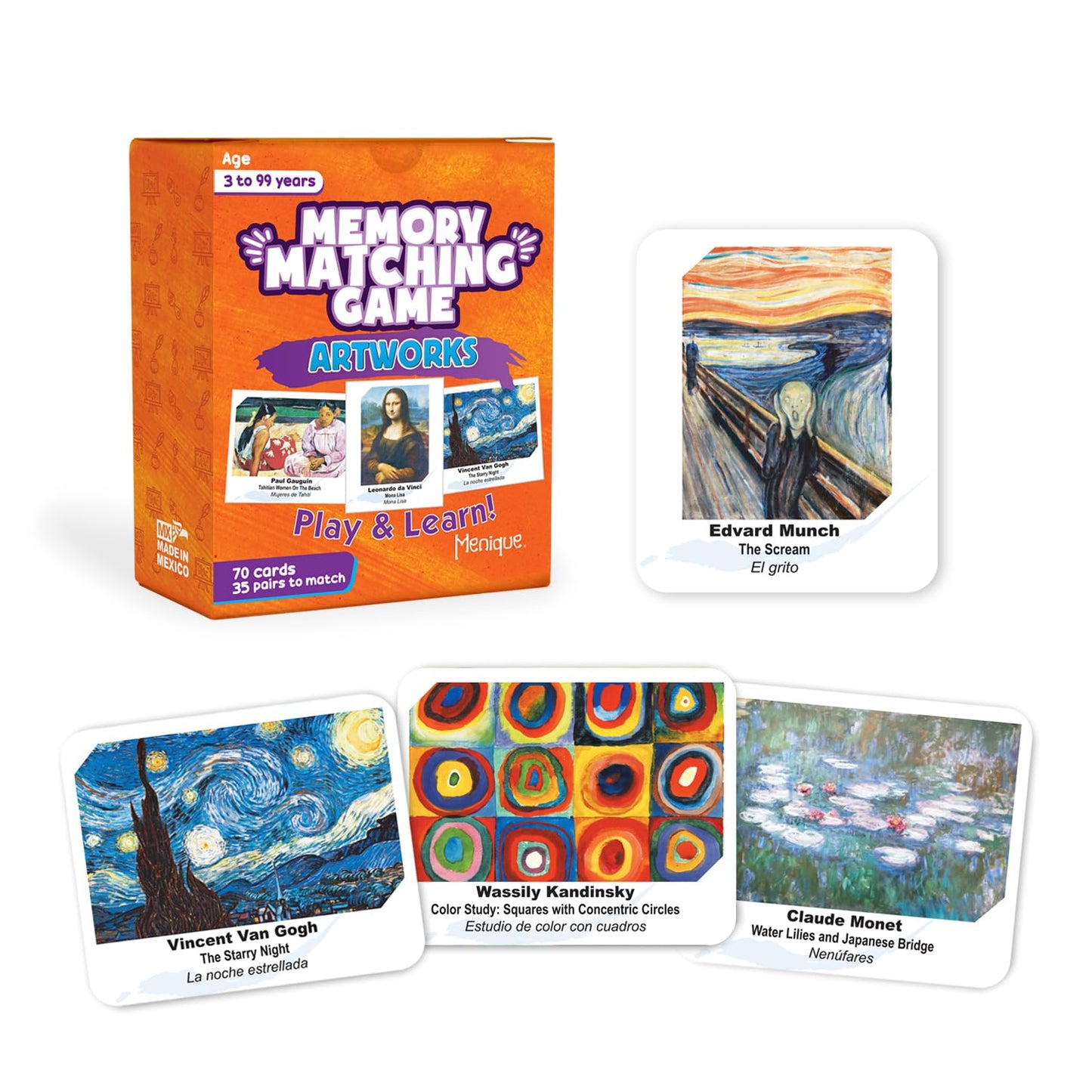 Menique Memory Matching Game – 70 Cards, 35 Pairs – Bilingual Art Game for Adults & Kids