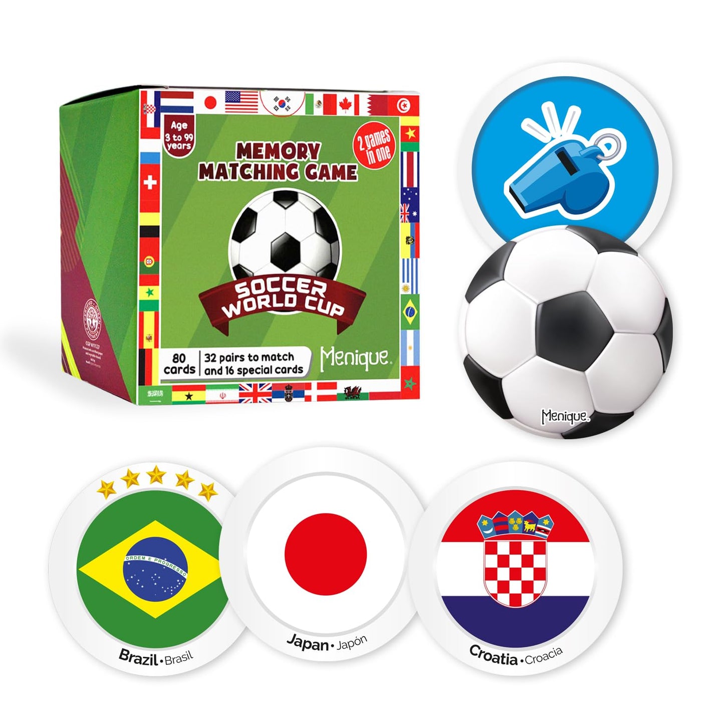 Menique World Cup Memory Matching Game – 79 Cards (Flags + Penalty Challenge) – Bilingual English/Spanish