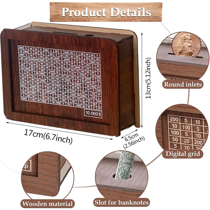 Menlanxan 10000 Savings Box – Wooden Cash Vault with Counting Tool