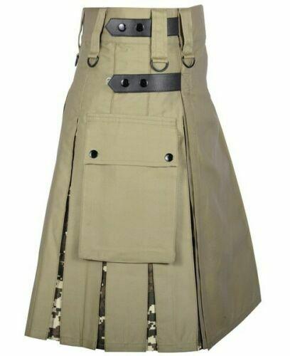 Men's Khaki Cotton Utility Hybrid Kilt - Digital Camo Under Pleats