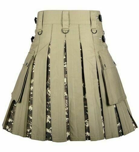 Men's Khaki Cotton Utility Hybrid Kilt - Digital Camo Under Pleats