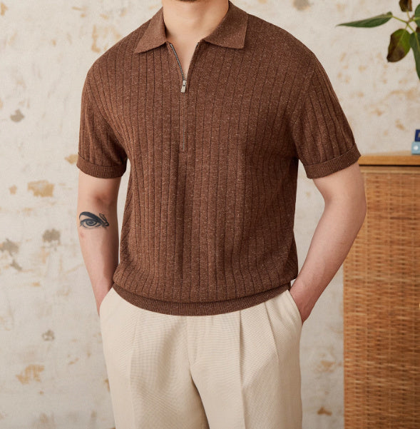 Men's Linen Blend Zippered Short Sleeve T-shirt