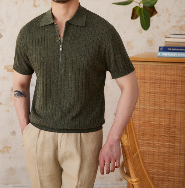 Men's Linen Blend Zippered Short Sleeve T-shirt