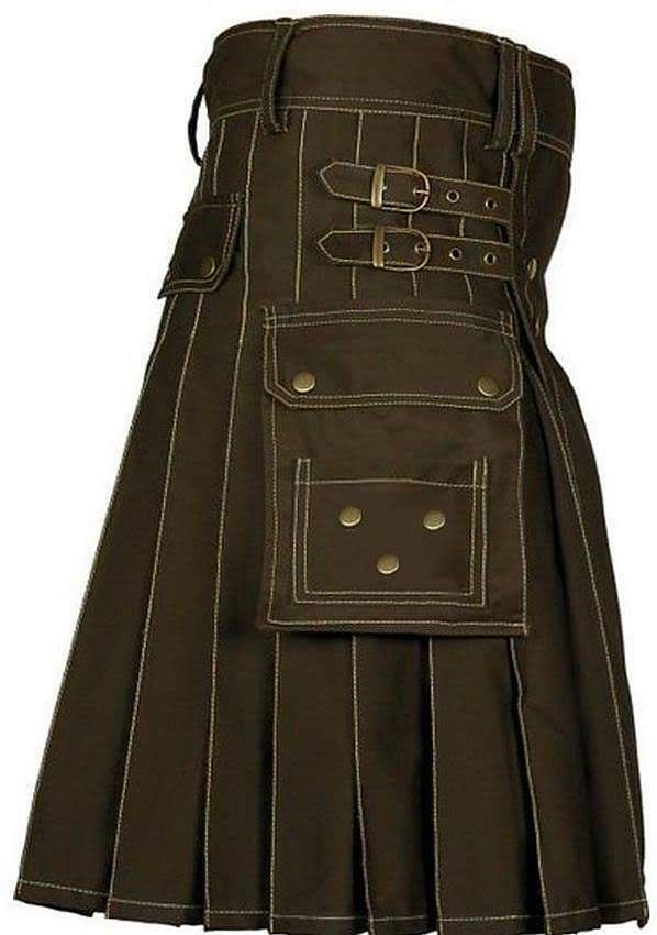 Men's Scottish Chocolate Brown Deluxe Utility Fashion Kilt 100% Cotton