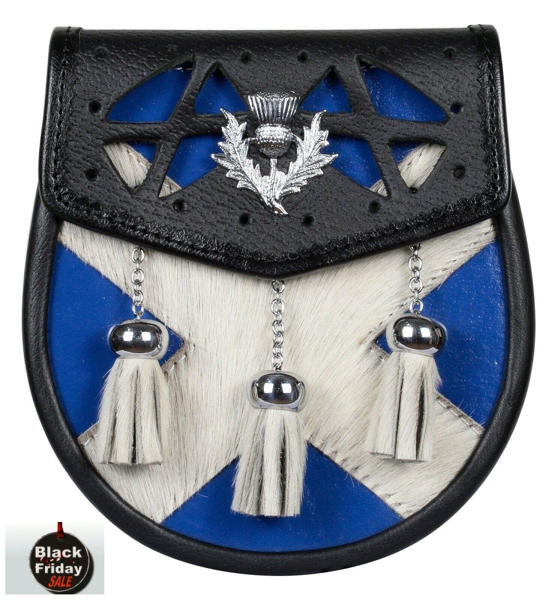 Men's Scottish Kilt Semi Dress Leather Sporran - Scottish Flag Pattern & Thistle