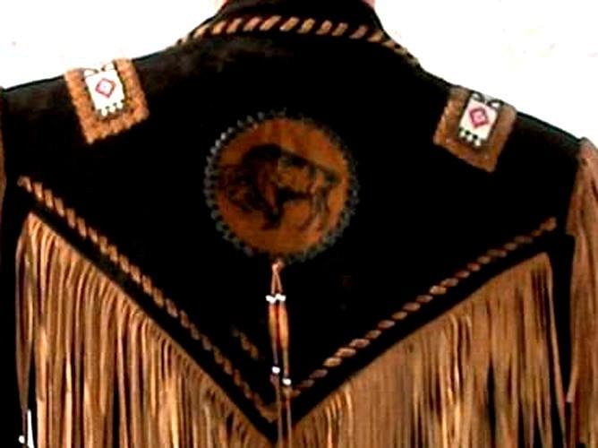 Men's Two Tone Western Fringed Buffalo Coat - Hand Beading And Lacing - Extensive Long Fringe