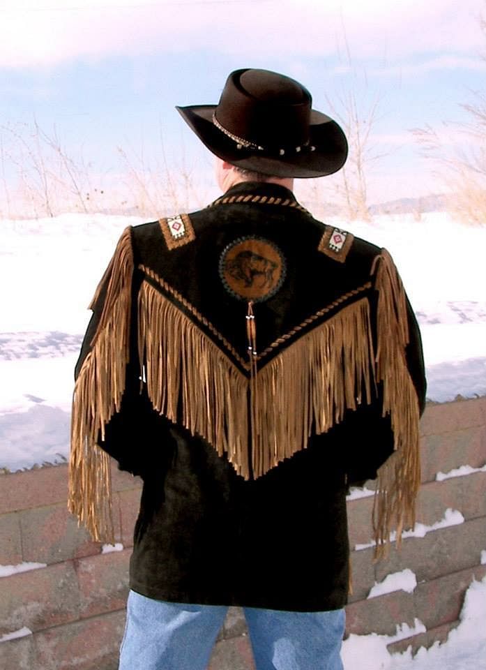 Men's Two Tone Western Fringed Buffalo Coat - Hand Beading And Lacing - Extensive Long Fringe