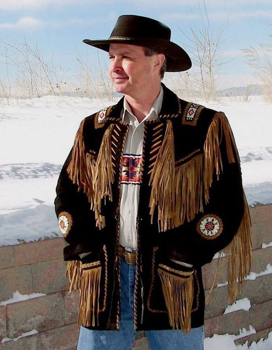 Men's Two Tone Western Fringed Buffalo Coat - Hand Beading And Lacing - Extensive Long Fringe