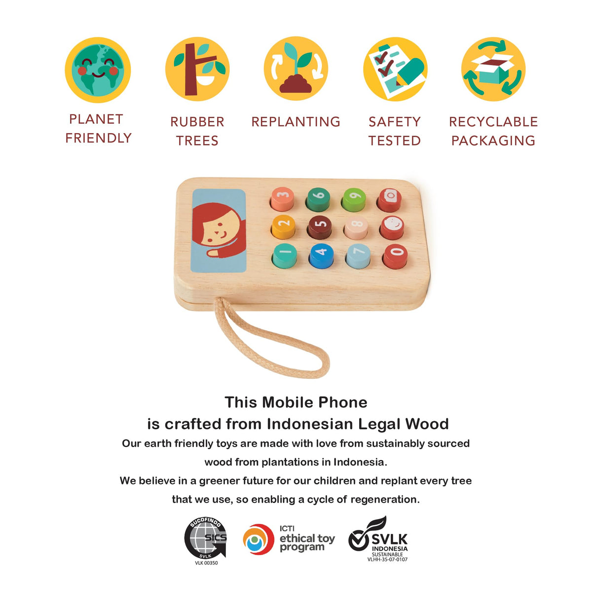 Mentari Mobile Phone Toy – Solid Wood Squishy Button Pretend Play for Toddlers (Age 2+)