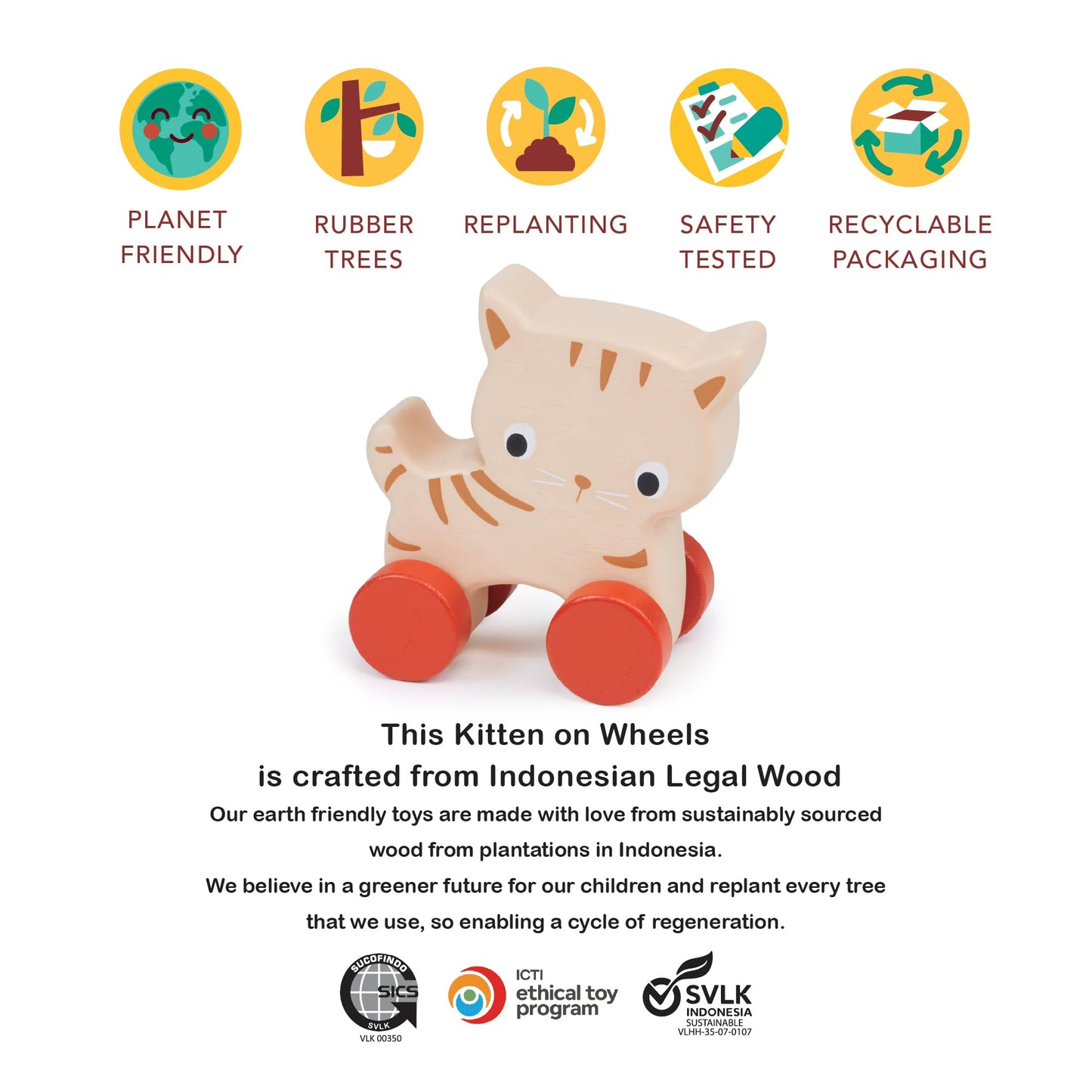 Mentari Kitten on Wheels – Wooden Push Toy for Babies and Toddlers – Develops Motor Skills & Imaginative Play