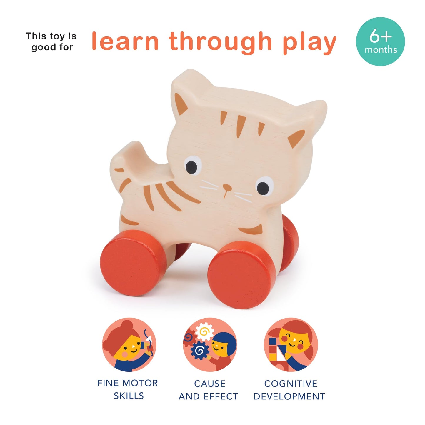 Mentari Kitten on Wheels – Wooden Push Toy for Babies and Toddlers – Develops Motor Skills & Imaginative Play
