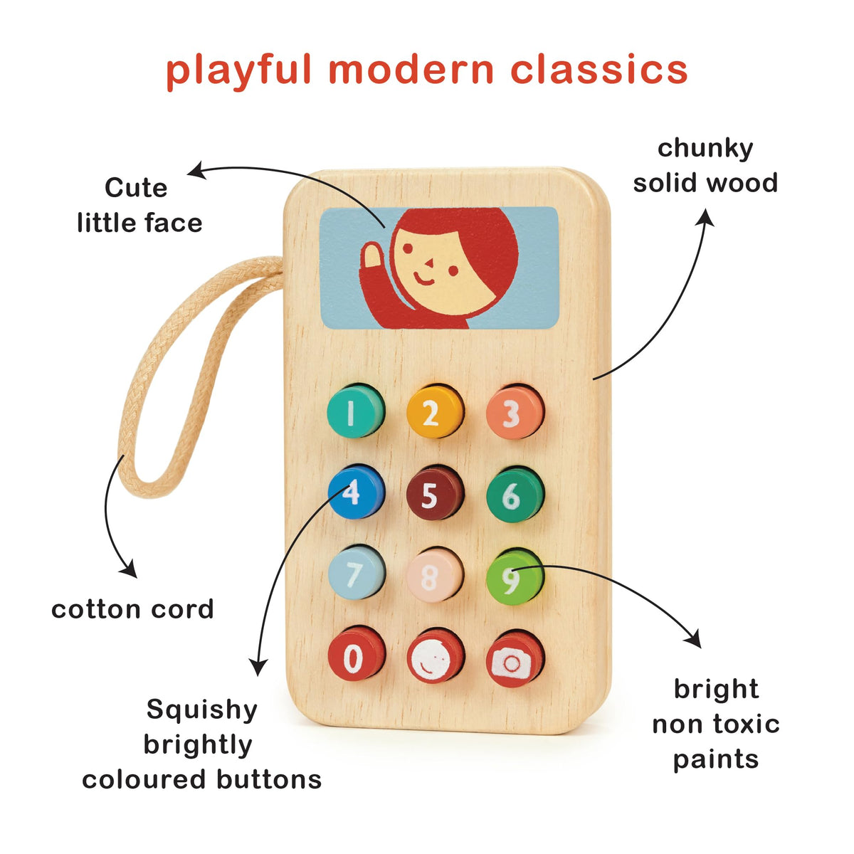 Mentari Mobile Phone Toy – Solid Wood Squishy Button Pretend Play for Toddlers (Age 2+)