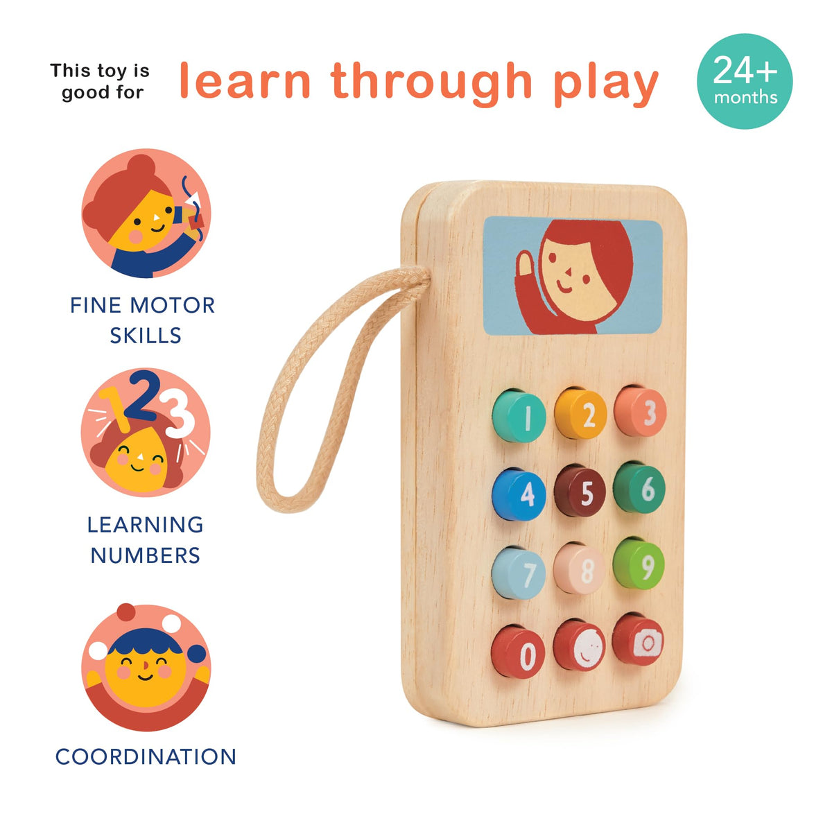 Mentari Mobile Phone Toy – Solid Wood Squishy Button Pretend Play for Toddlers (Age 2+)