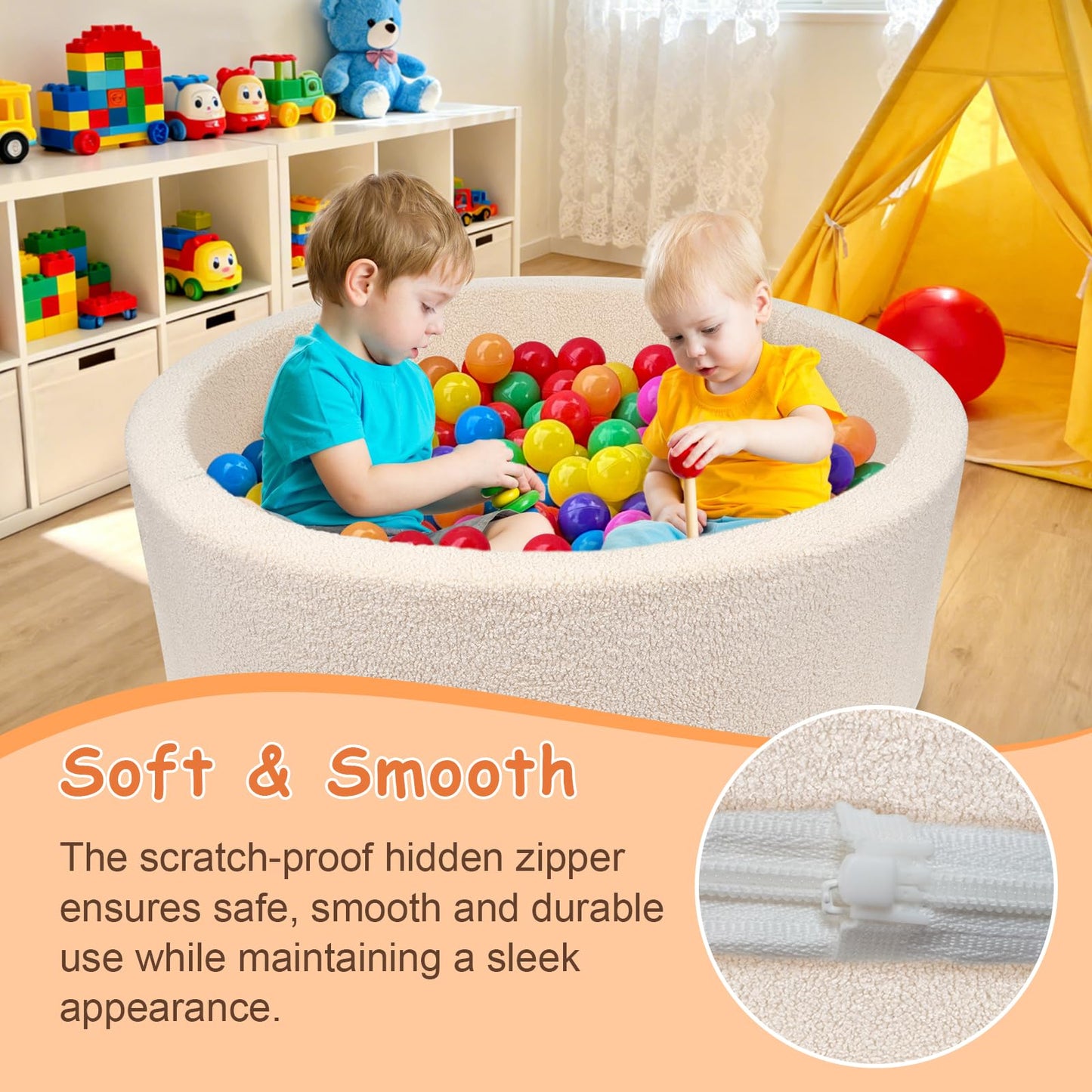 MEOGETY Kids Foam Ball Pit for Toddlers and Babies – Soft Teddy Cover, Memory Foam Base, Safe Playroom (Balls NOT Included)