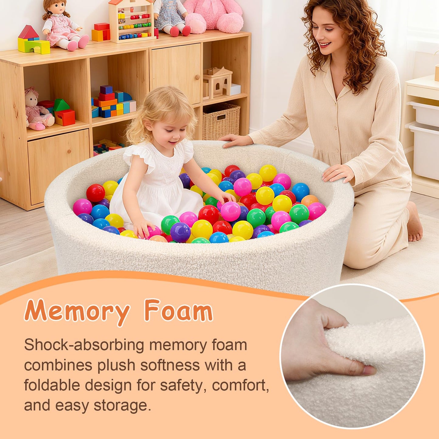 MEOGETY Kids Foam Ball Pit for Toddlers and Babies – Soft Teddy Cover, Memory Foam Base, Safe Playroom (Balls NOT Included)