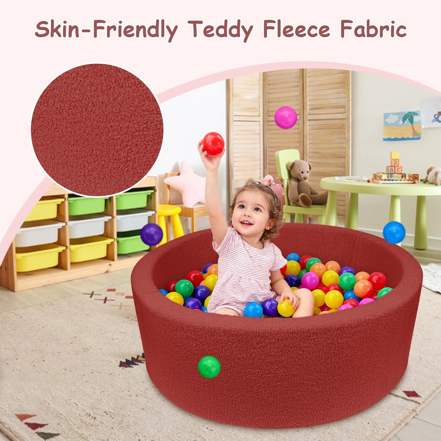 MEOGETY Kids Foam Ball Pit – Soft Teddy Fleece Play Space for Toddlers