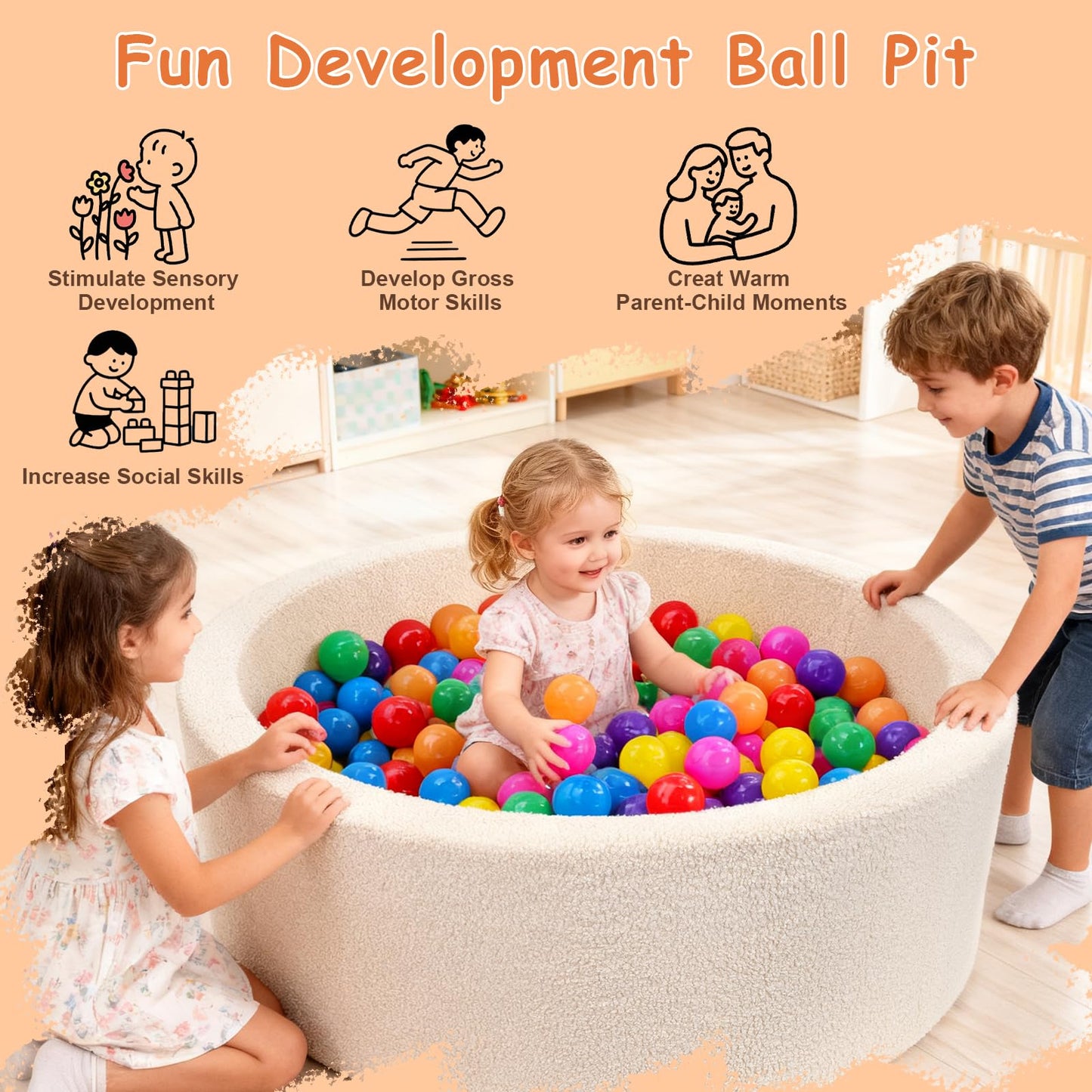MEOGETY Kids Foam Ball Pit for Toddlers and Babies – Soft Teddy Cover, Memory Foam Base, Safe Playroom (Balls NOT Included)