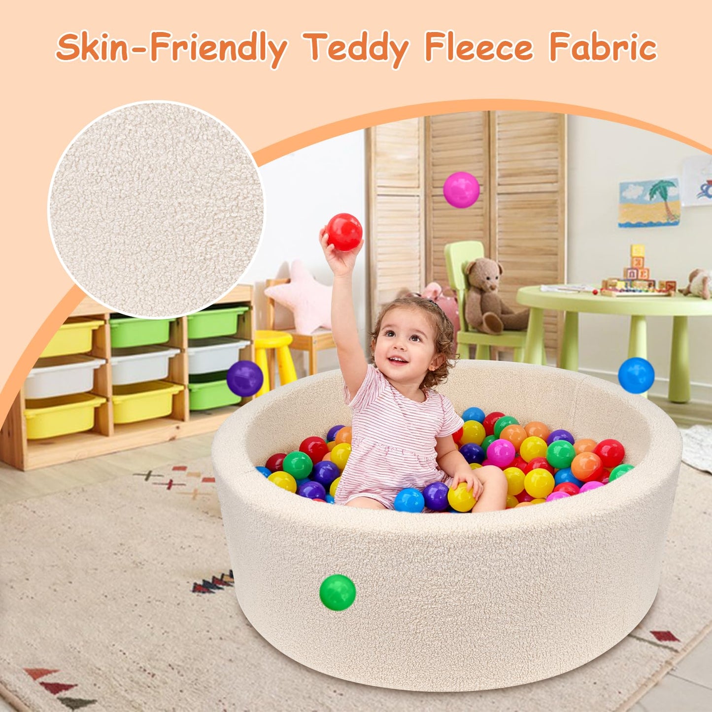 MEOGETY Kids Foam Ball Pit for Toddlers and Babies – Soft Teddy Cover, Memory Foam Base, Safe Playroom (Balls NOT Included)