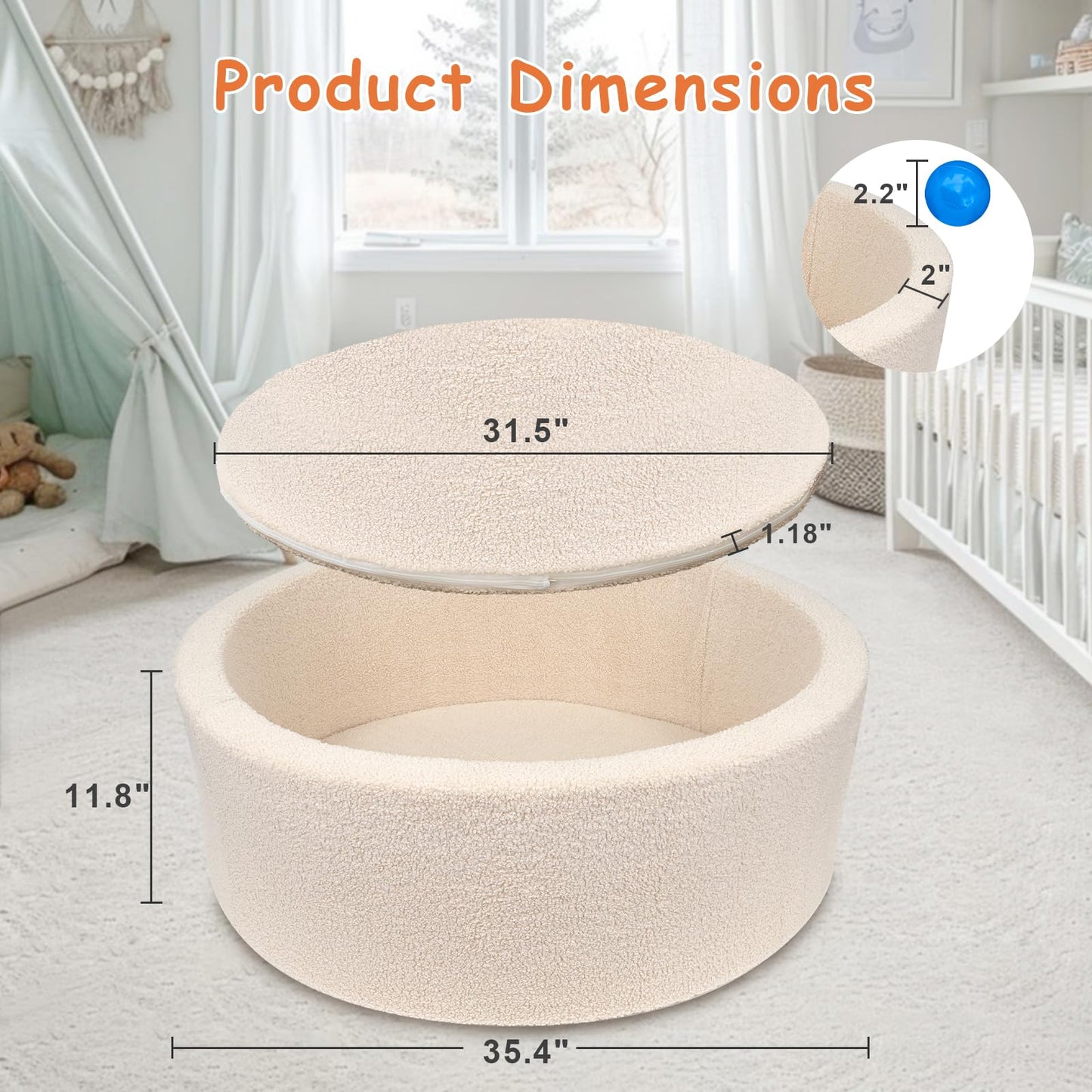 MEOGETY Kids Foam Ball Pit for Toddlers and Babies – Soft Teddy Cover, Memory Foam Base, Safe Playroom (Balls NOT Included)