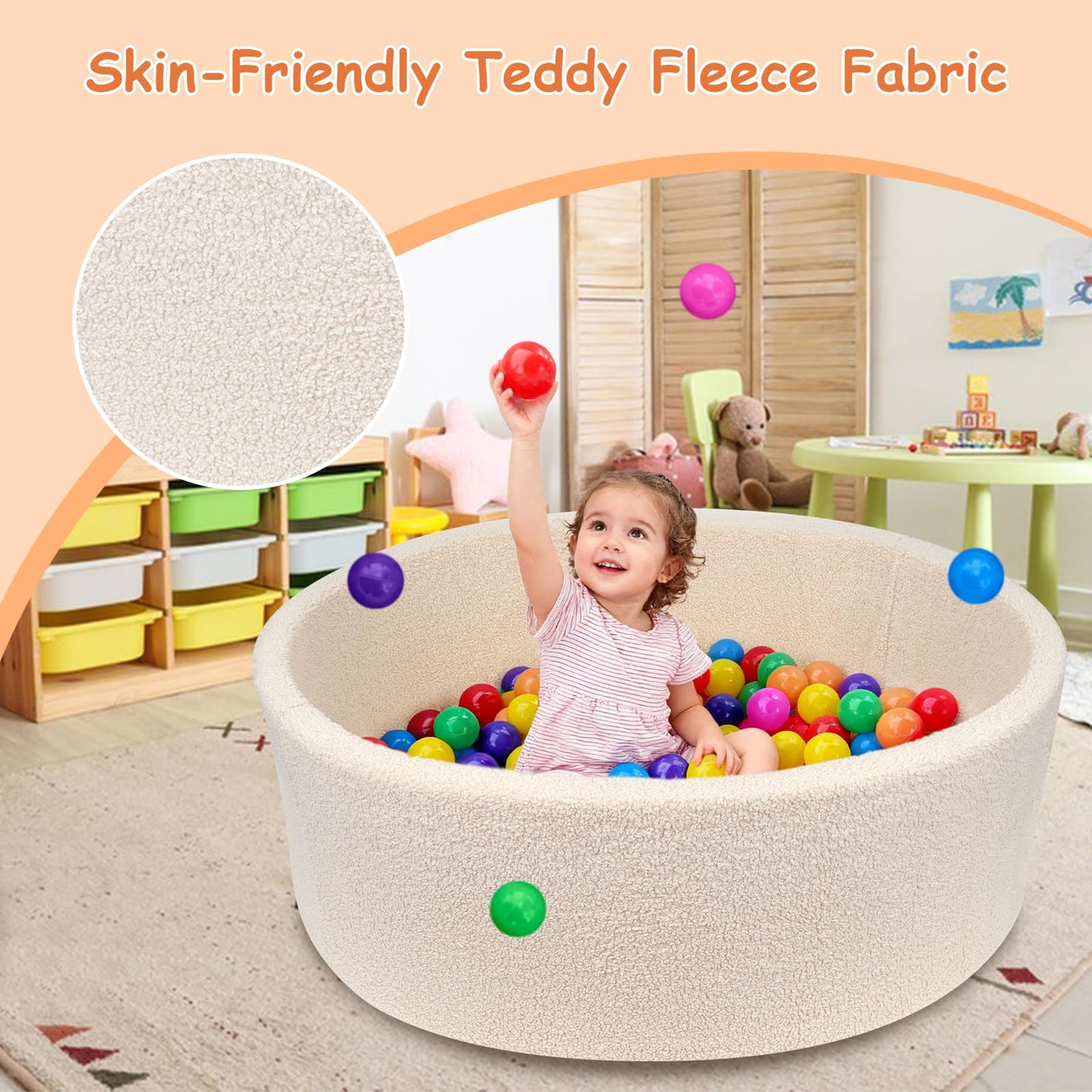 MEOGETY Kids Foam Ball Pit – Teddy Fleece Play Pool for Toddlers (Balls Not Included)