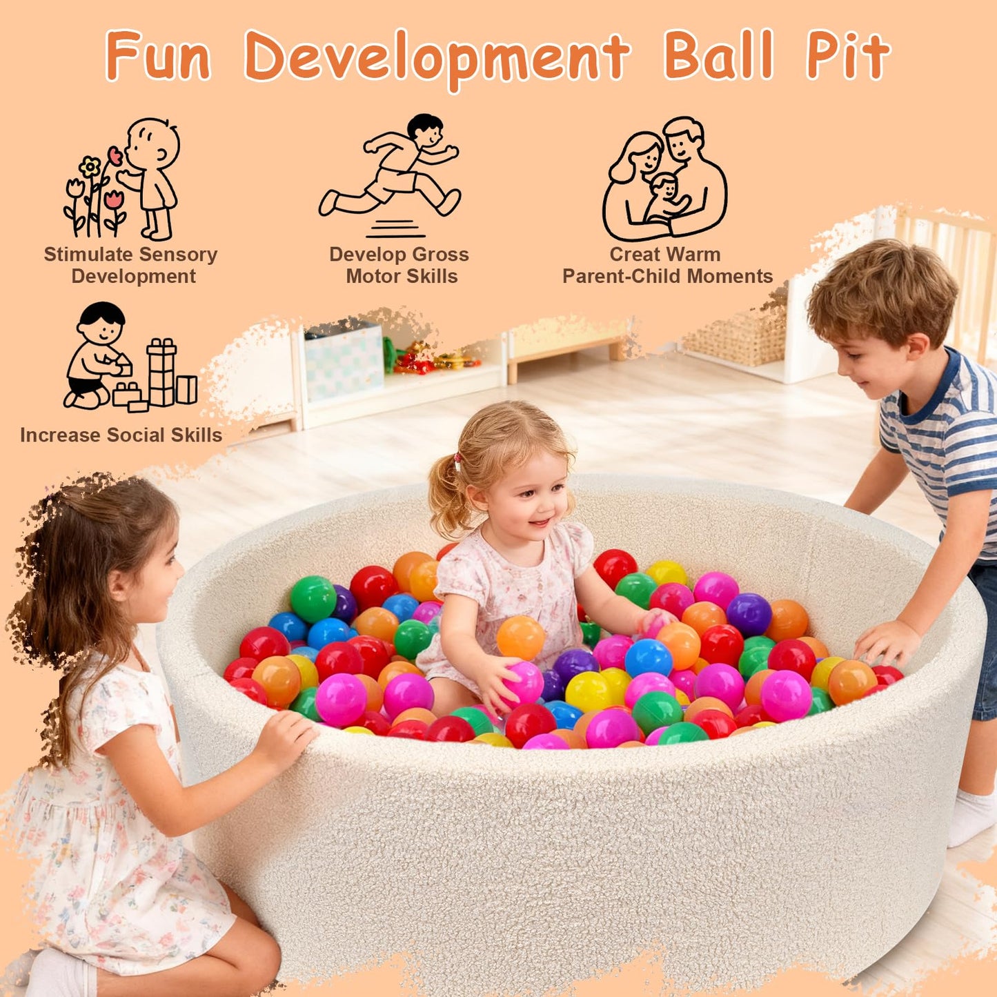MEOGETY Kids Foam Ball Pit – Teddy Fleece Play Pool for Toddlers (Balls Not Included)