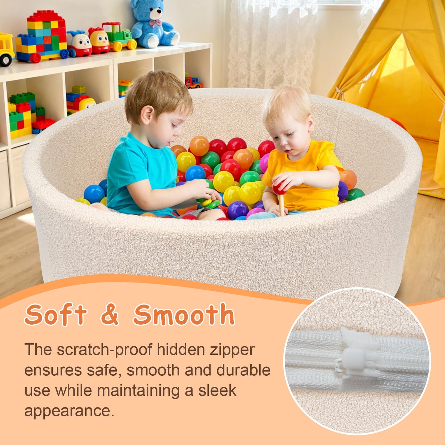 MEOGETY Kids Foam Ball Pit – Teddy Fleece Play Pool for Toddlers (Balls Not Included)