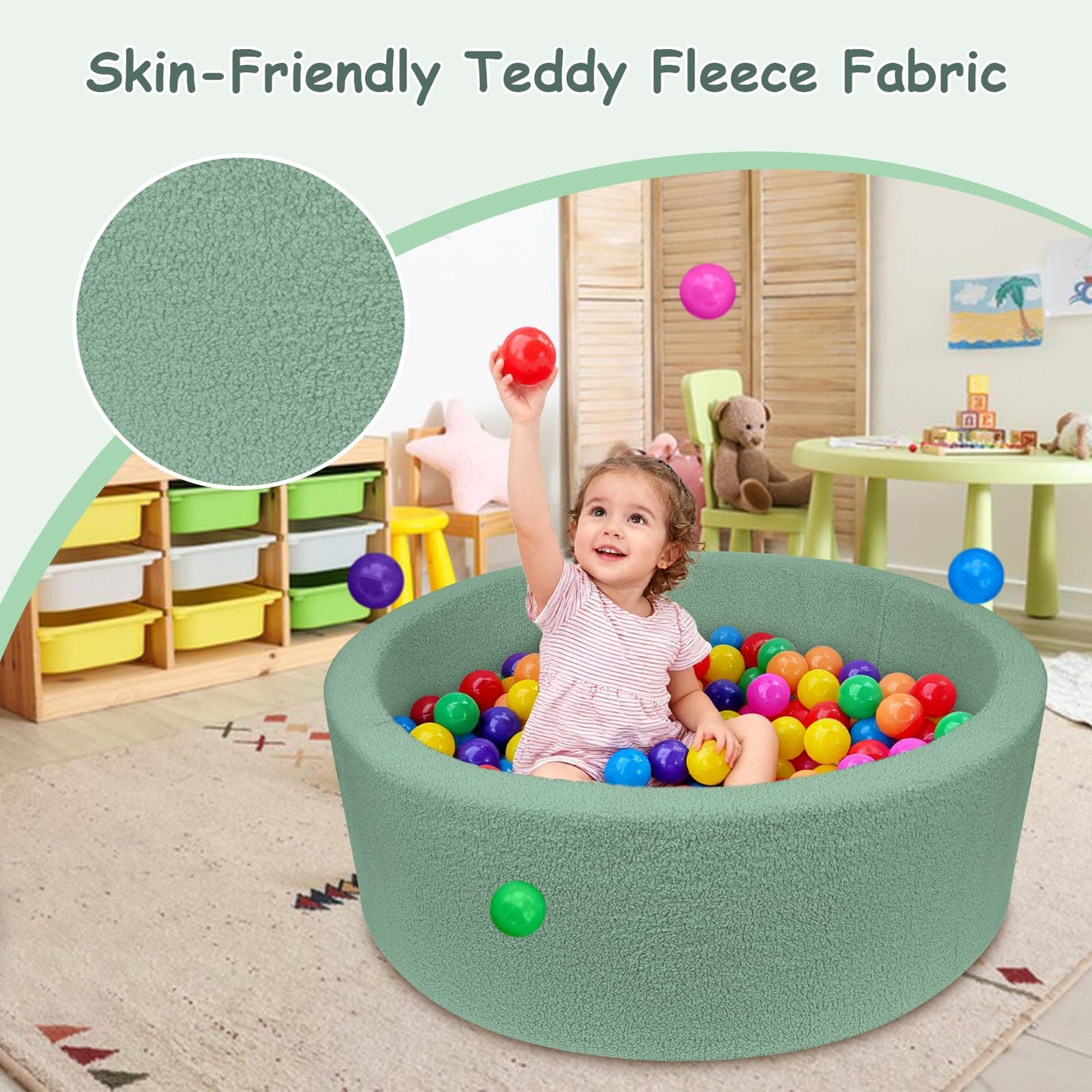 MEOGETY Kids Foam Ball Pit for Toddlers – Soft Teddy-Fleece Indoor Playpen (Balls Not Included)