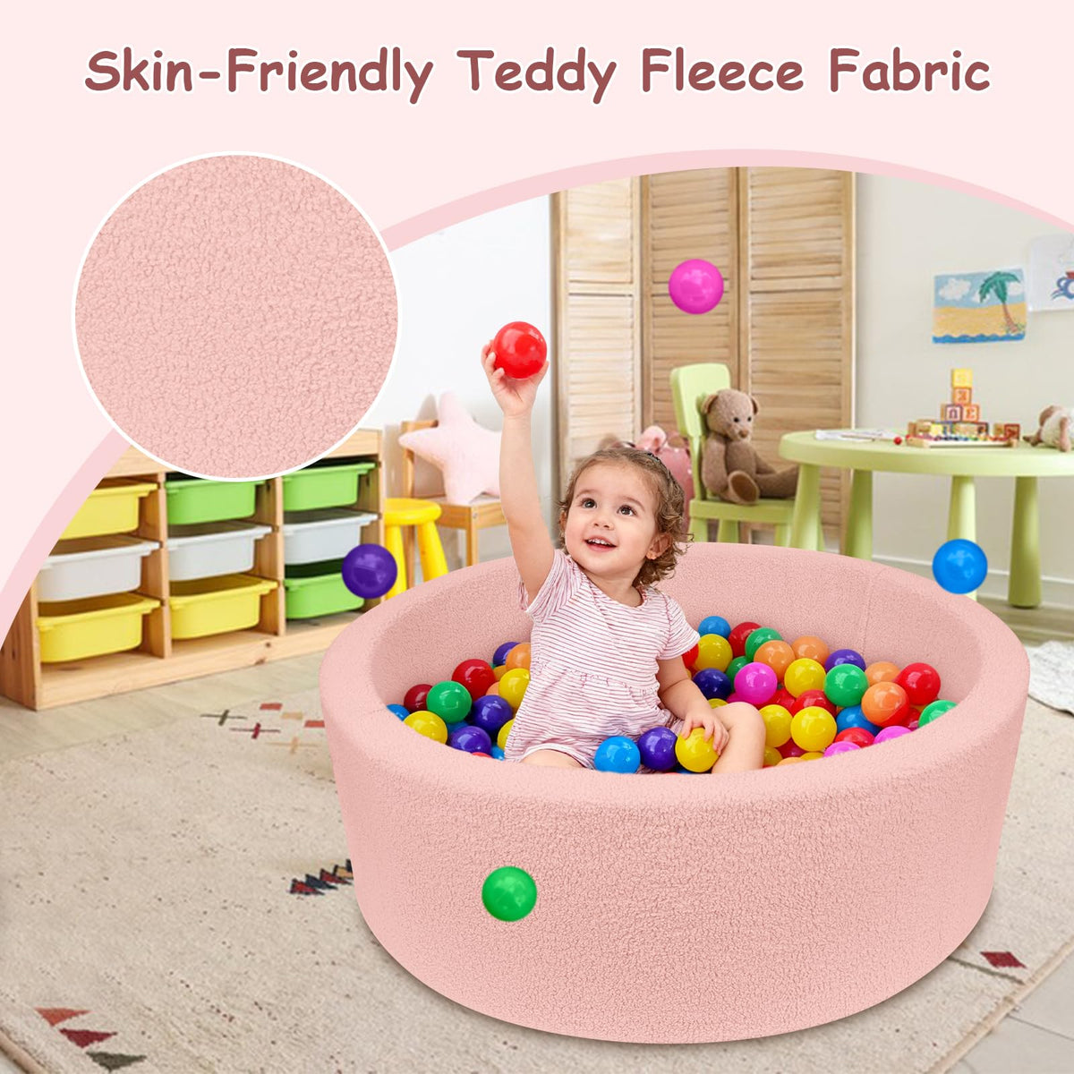 MEOGETY Kids Foam Ball Pit – Safe Teddy Fleece Play Space for Toddlers & Pets