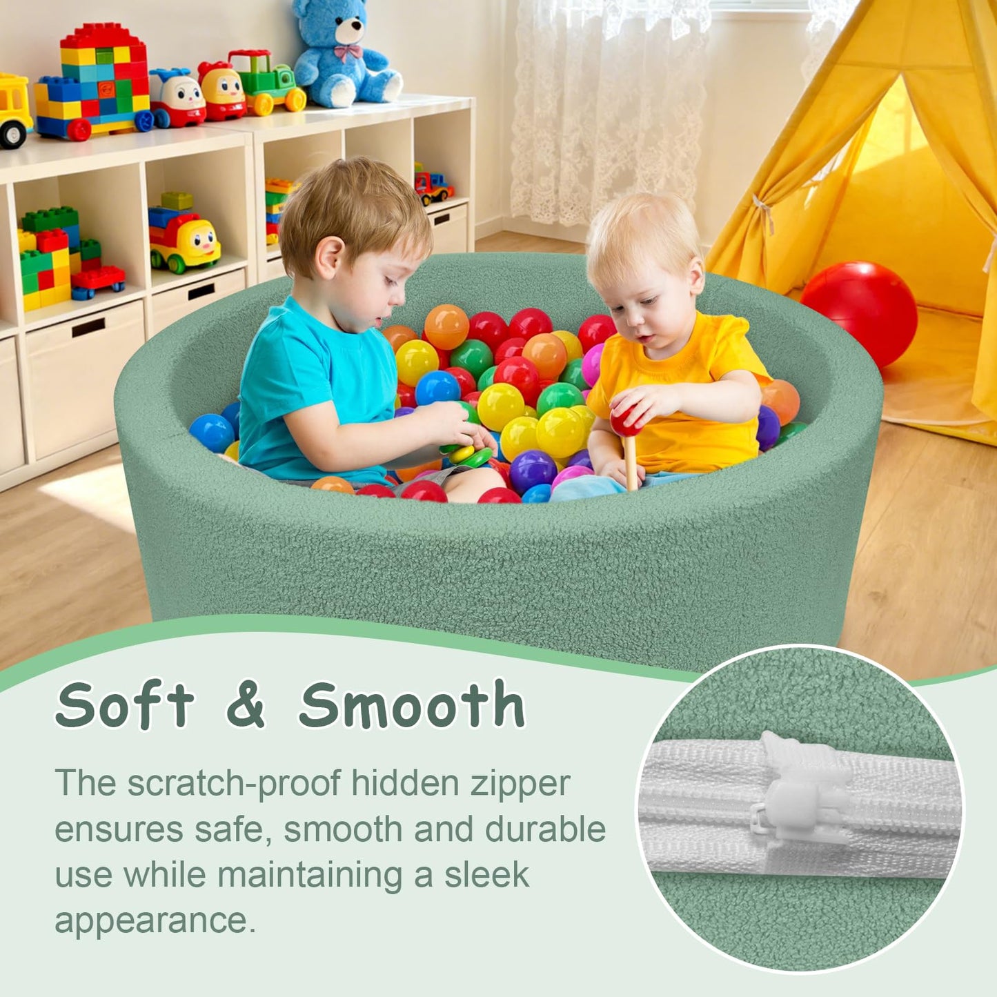 MEOGETY Kids Foam Ball Pit for Toddlers – Soft Teddy-Fleece Indoor Playpen (Balls Not Included)