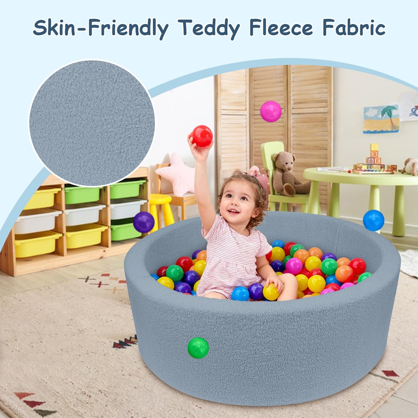 MEOGETY Kids Foam Ball Pit – Safe Teddy Fleece Play Space (Balls Not Included)