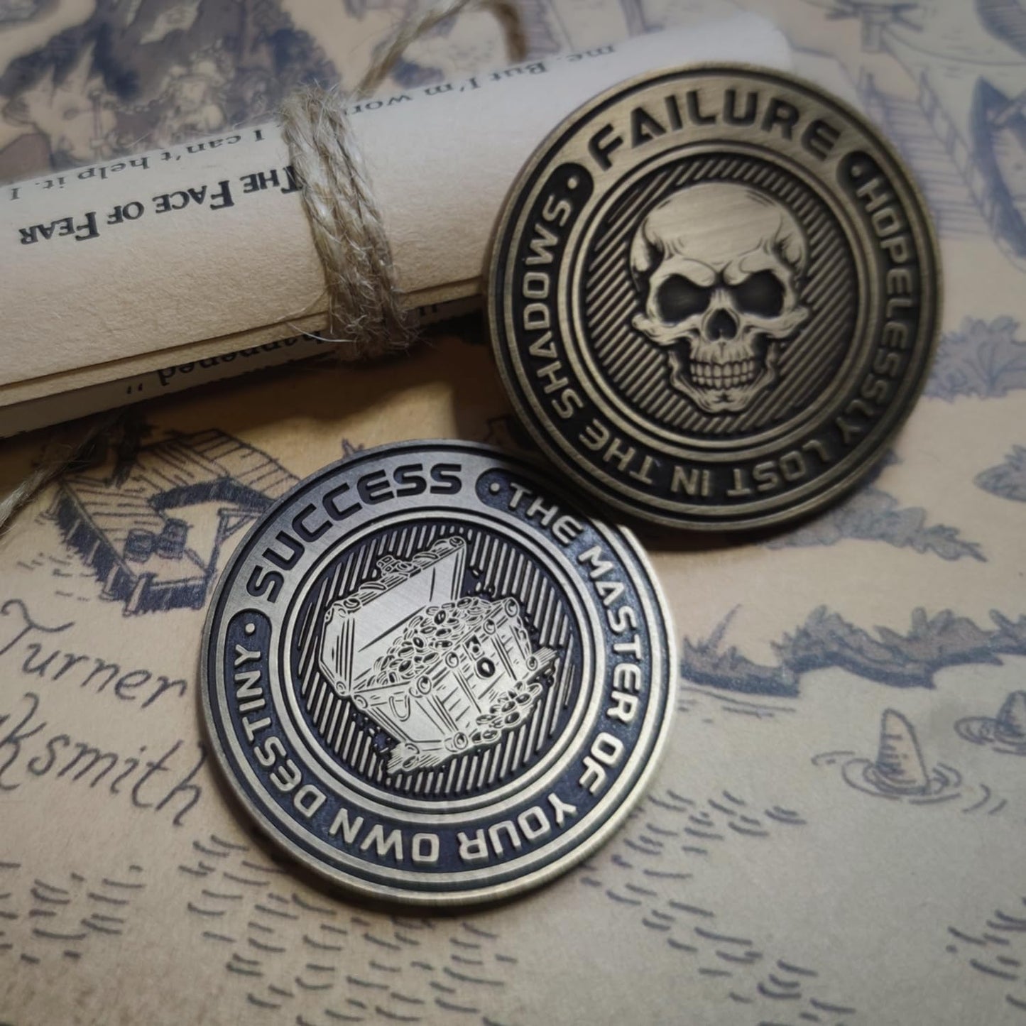 Meokkaebi Metal D2 Dice Coin - Dual-Sided TRPG Luck Token with Success and Failure Symbols