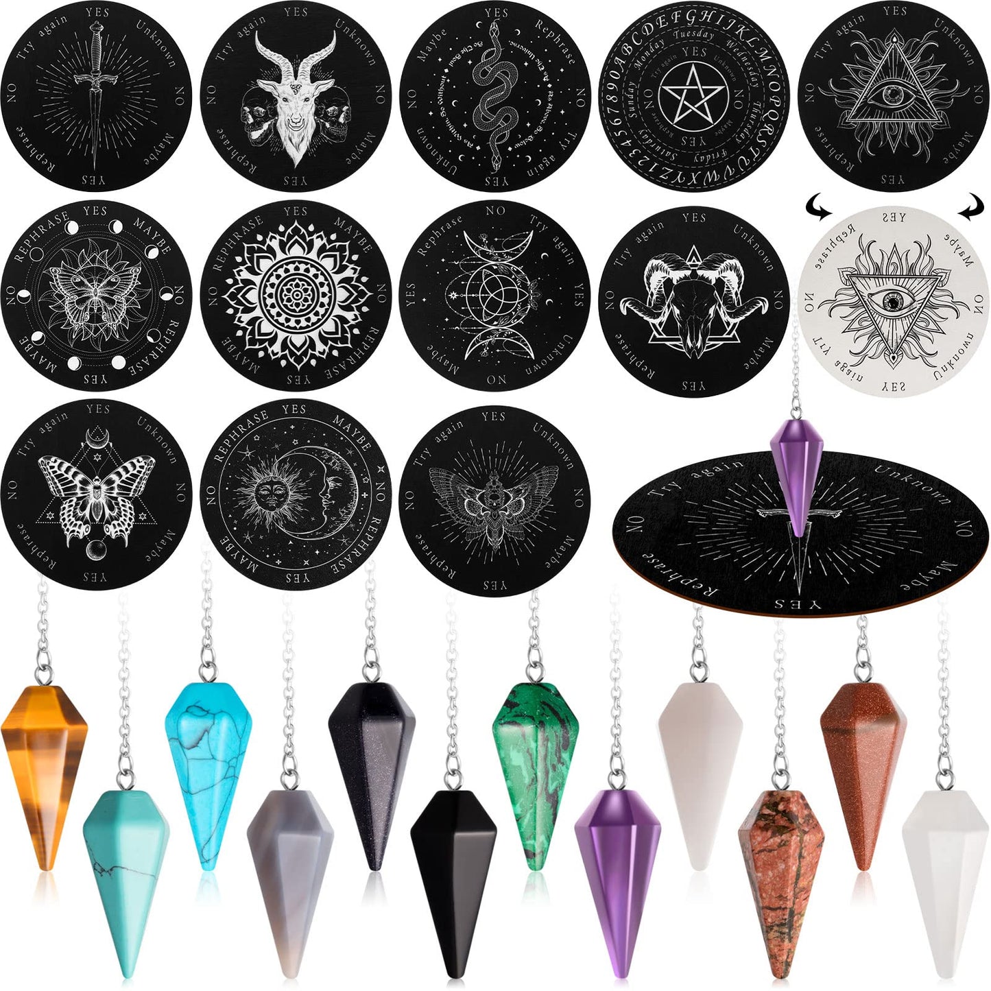 Meooeck 24 Pcs Crystal Pendulums Board Set – 6-Inch Wood Pendulum Board with 12 Gemstone Pendants