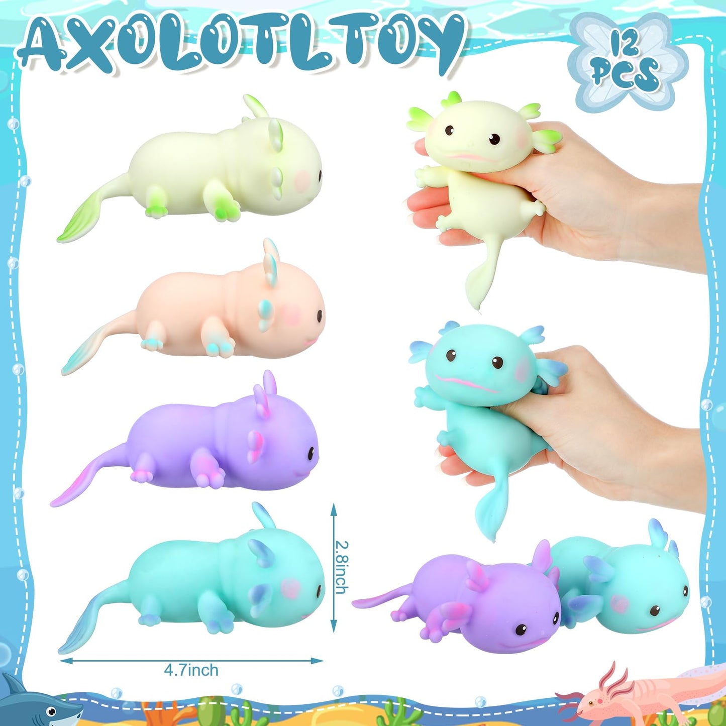 Meooeck 12 Pcs Axolotl Stress Balls – Colorful Squeeze Toys for Parties, Gifts, and Office