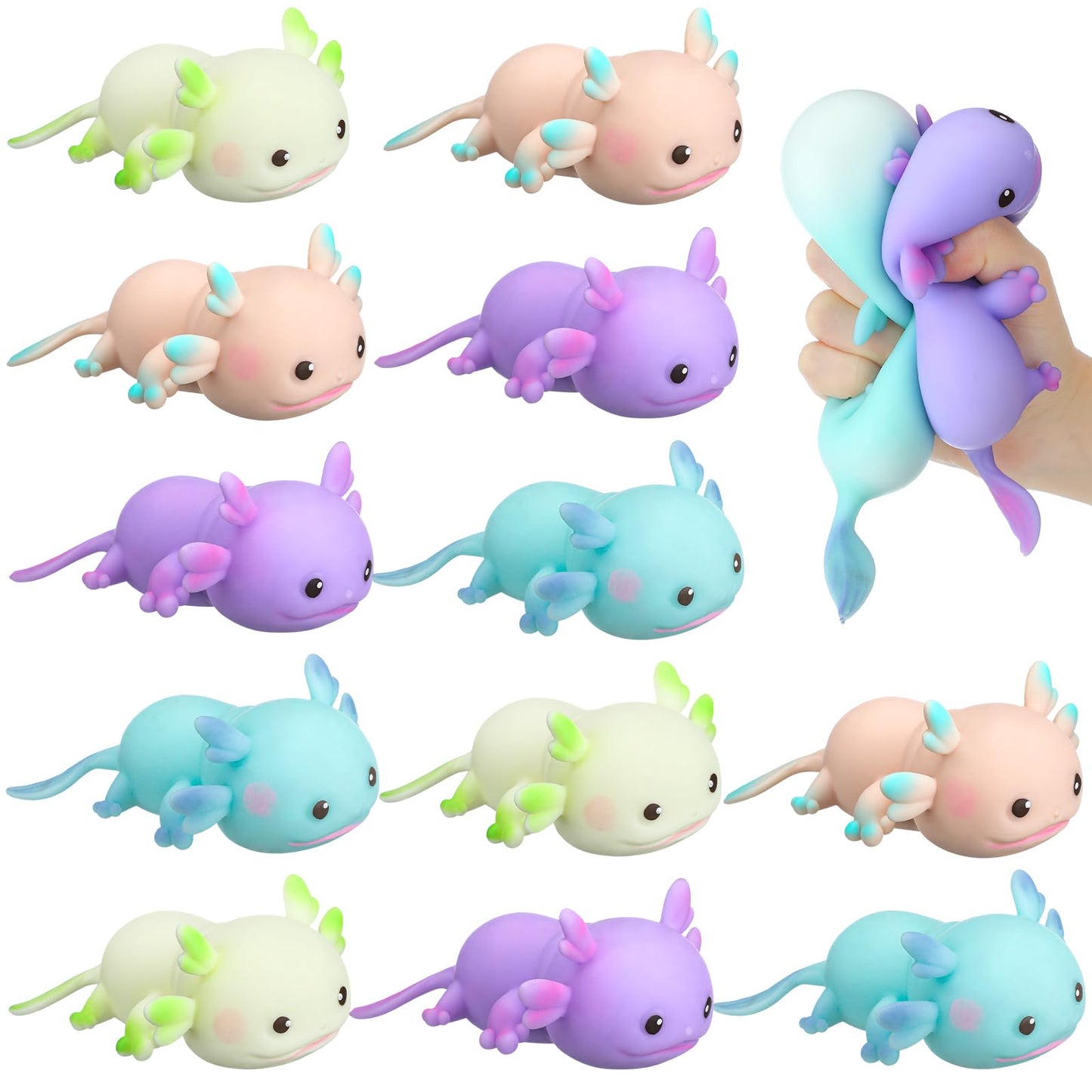Meooeck 12 Pcs Axolotl Stress Balls – Colorful Squeeze Toys for Parties, Gifts, and Office