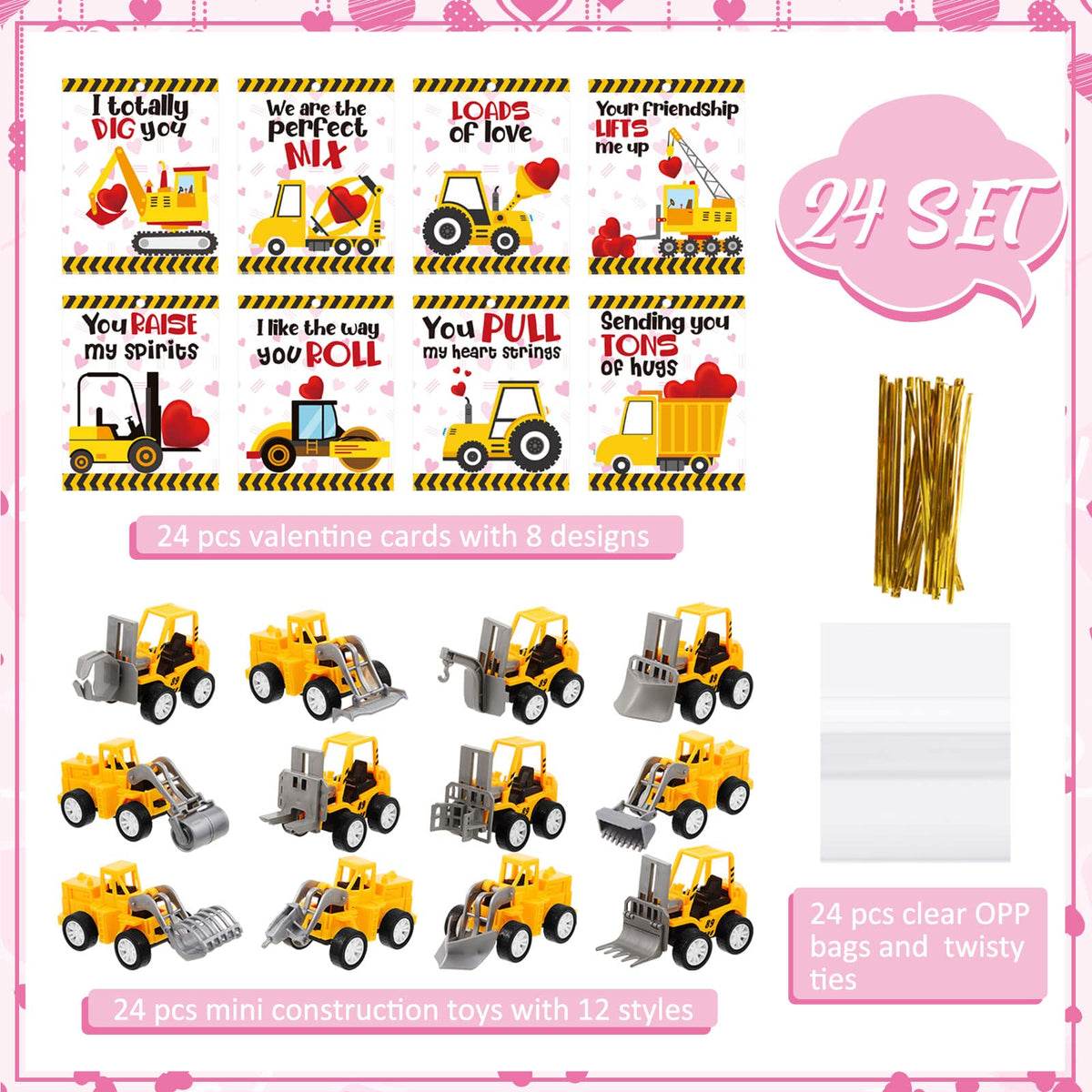 Meooeck Valentines Day Gifts for Kids — 24 Mini Construction Vehicles & Cards Set