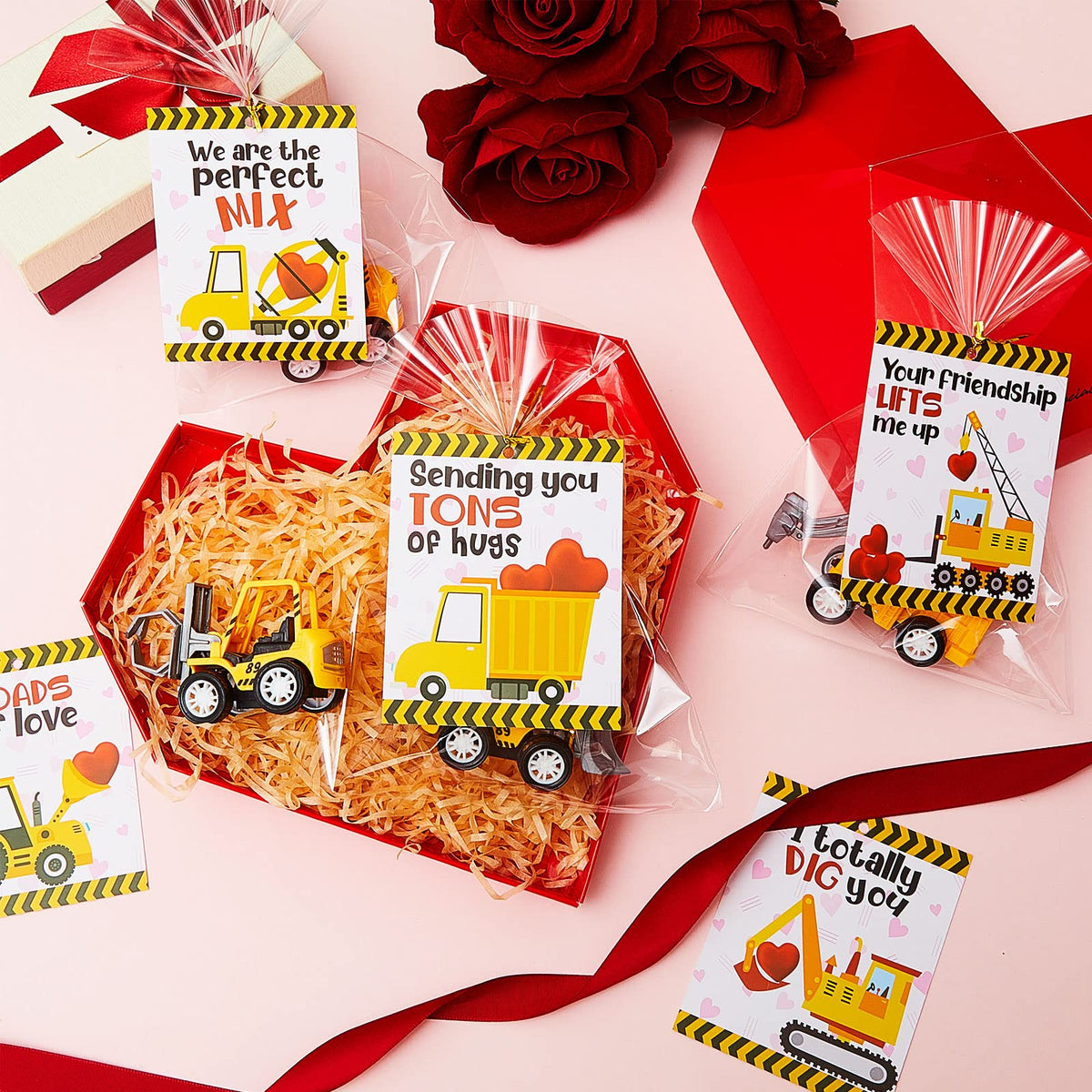 Meooeck Valentines Day Gifts for Kids — 24 Mini Construction Vehicles & Cards Set