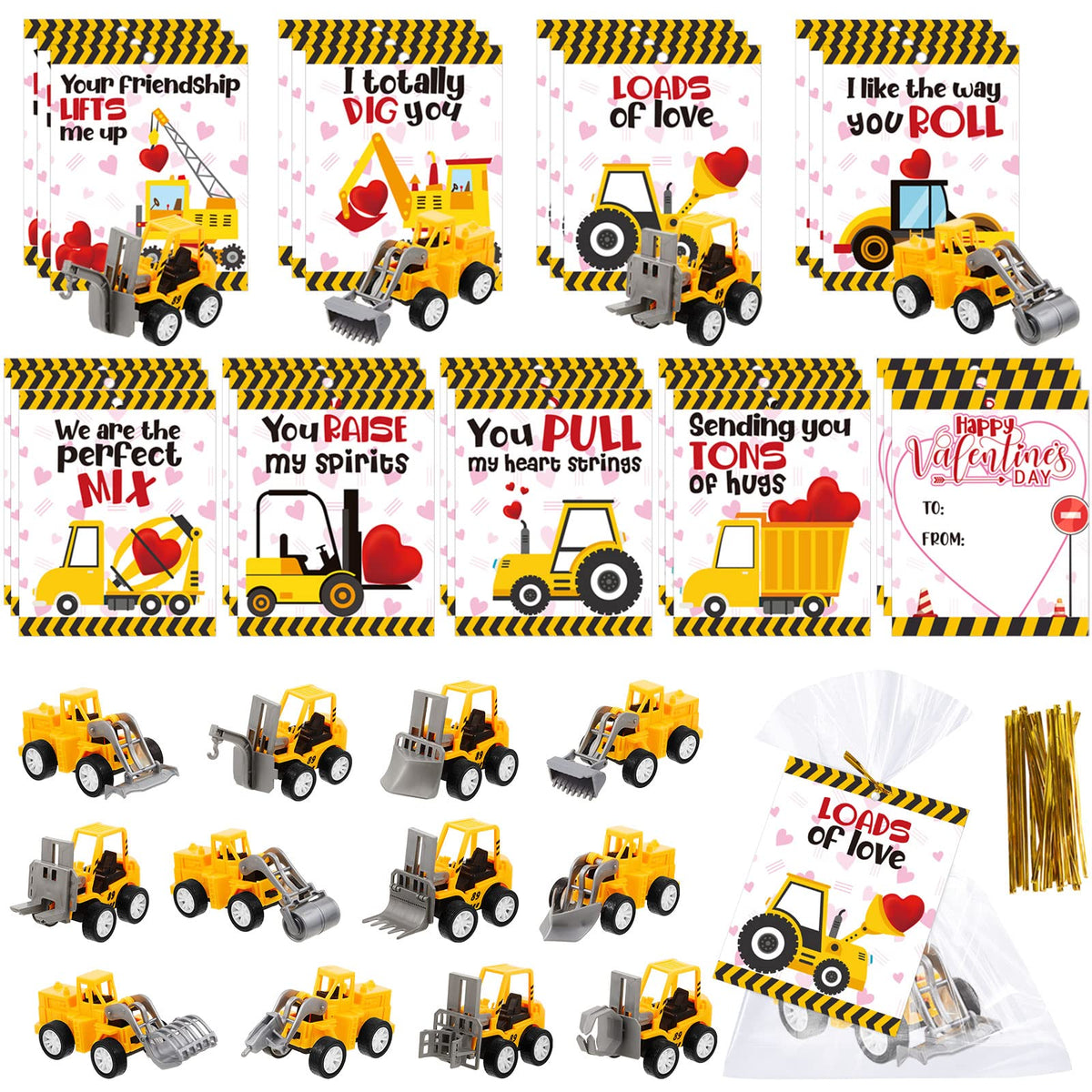 Meooeck Valentines Day Gifts for Kids — 24 Mini Construction Vehicles & Cards Set