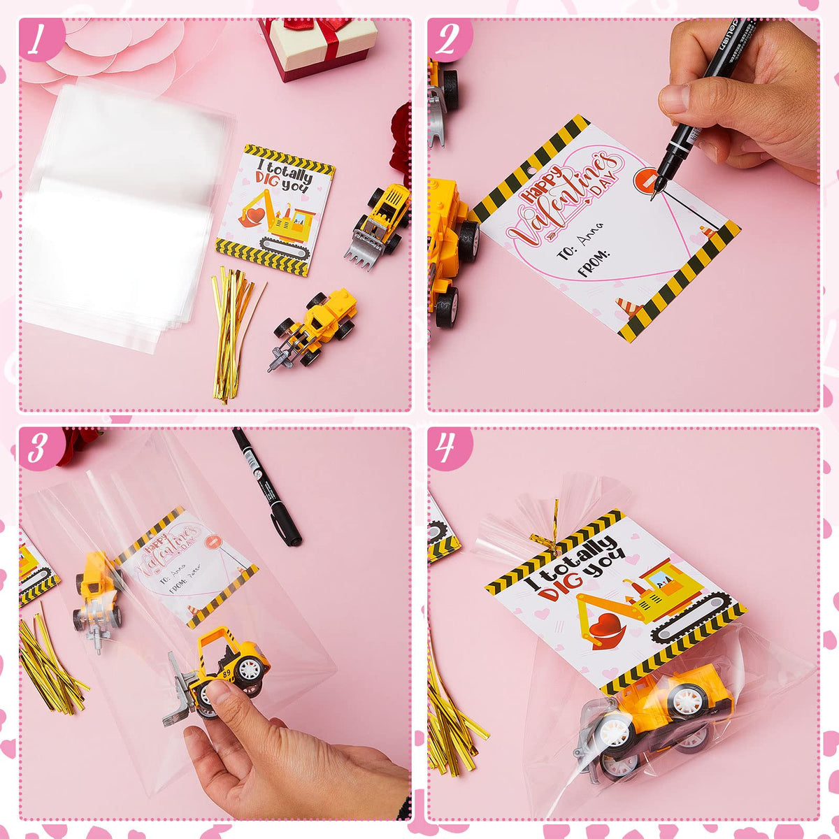 Meooeck Valentines Day Gifts for Kids — 24 Mini Construction Vehicles & Cards Set