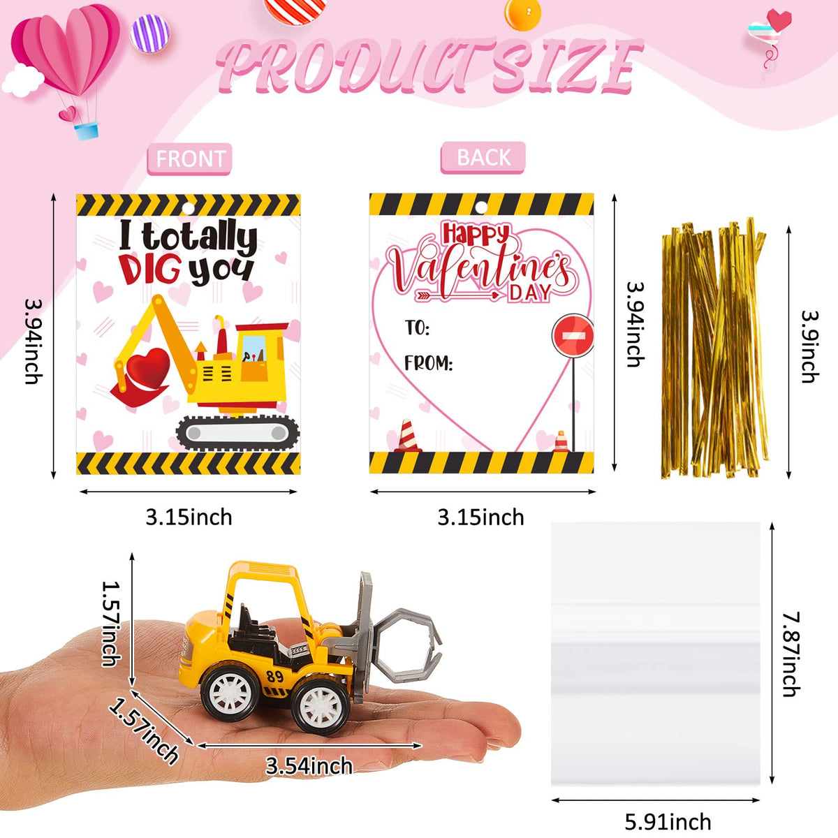 Meooeck Valentines Day Gifts for Kids — 24 Mini Construction Vehicles & Cards Set