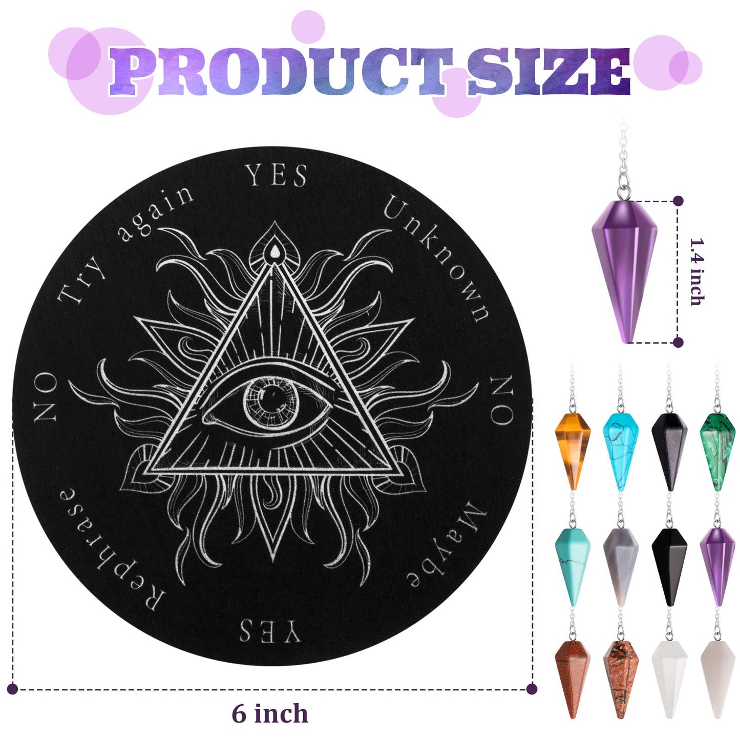 Meooeck 24 Pcs Crystal Pendulums Board Set – 6-Inch Wood Pendulum Board with 12 Gemstone Pendants