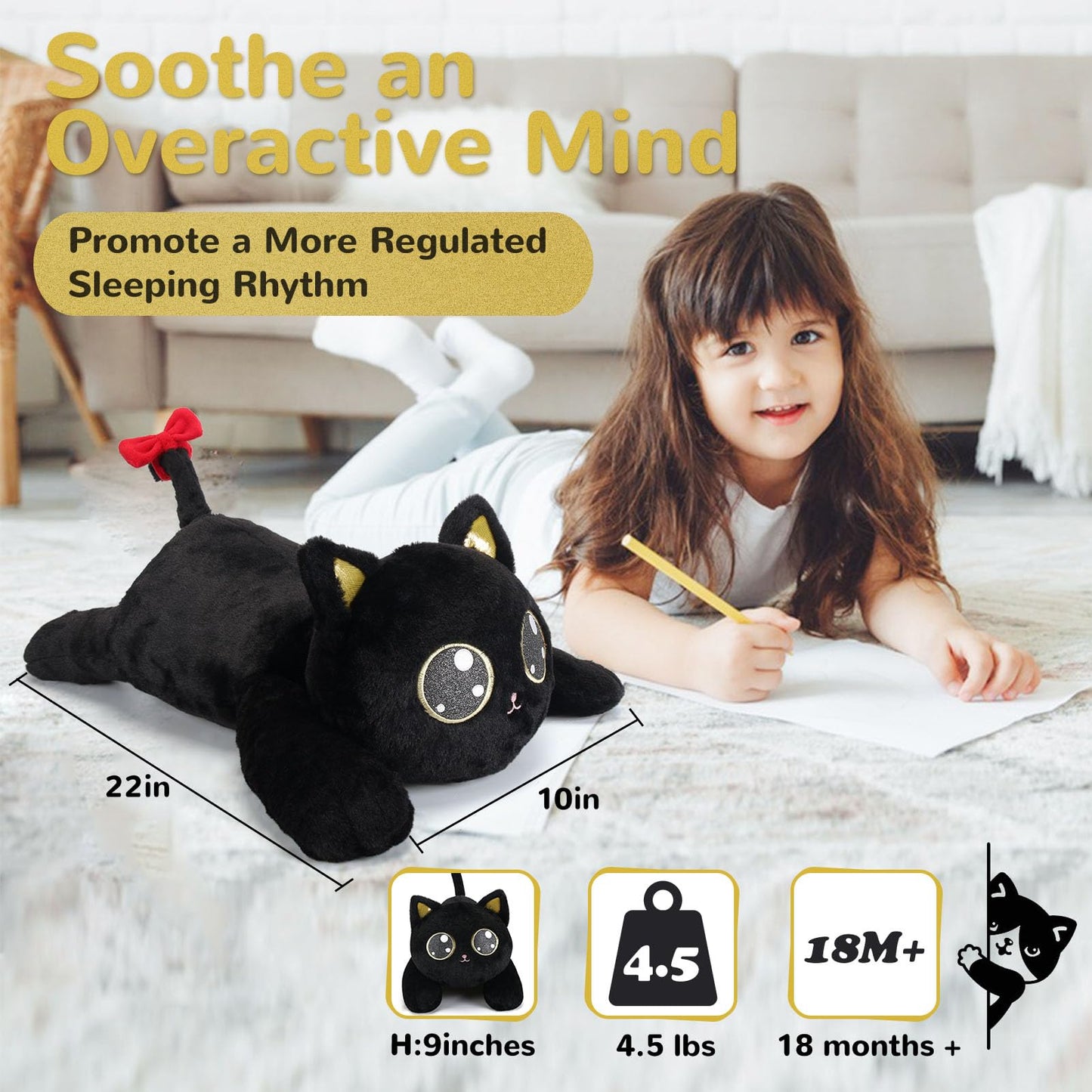 Meowtastic Black Cat Weighted Plush – 22in, 4.5 lb Cozy Pillow Toy