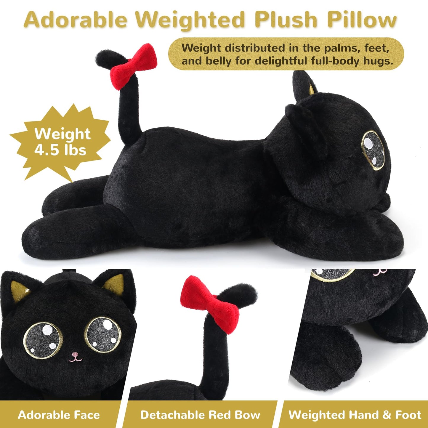Meowtastic Black Cat Weighted Plush – 22in, 4.5 lb Cozy Pillow Toy