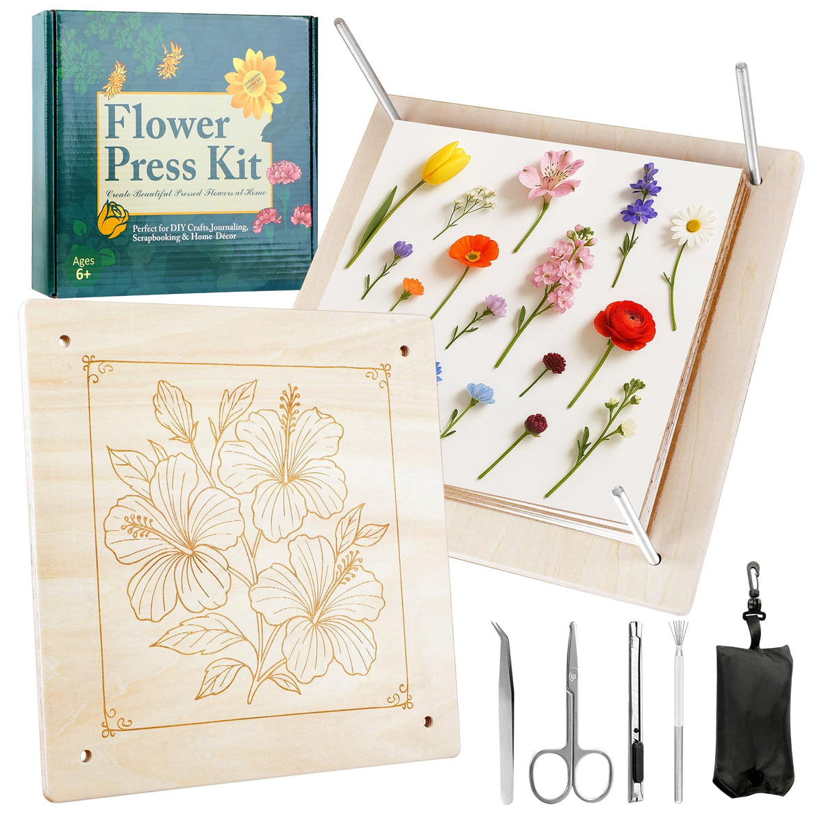 MeRGBWLife Flower Press – 11x11 Inch, 10-Layer Wooden Kit for Pressed Flowers and Crafts