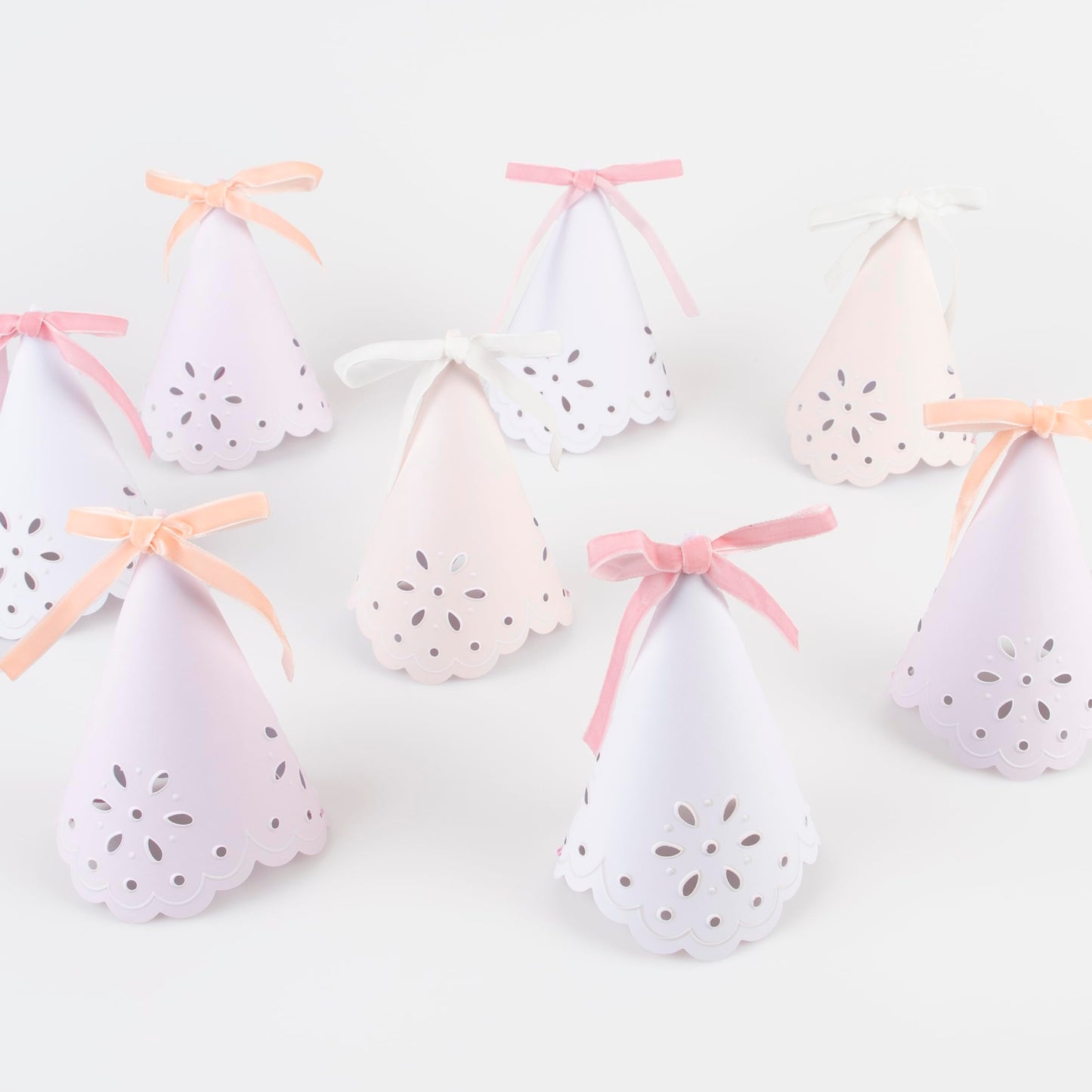 Meri Meri Broderie Anglaise Lace Party Hats Pack of 8 – Pastel Colors with Velvet Bows