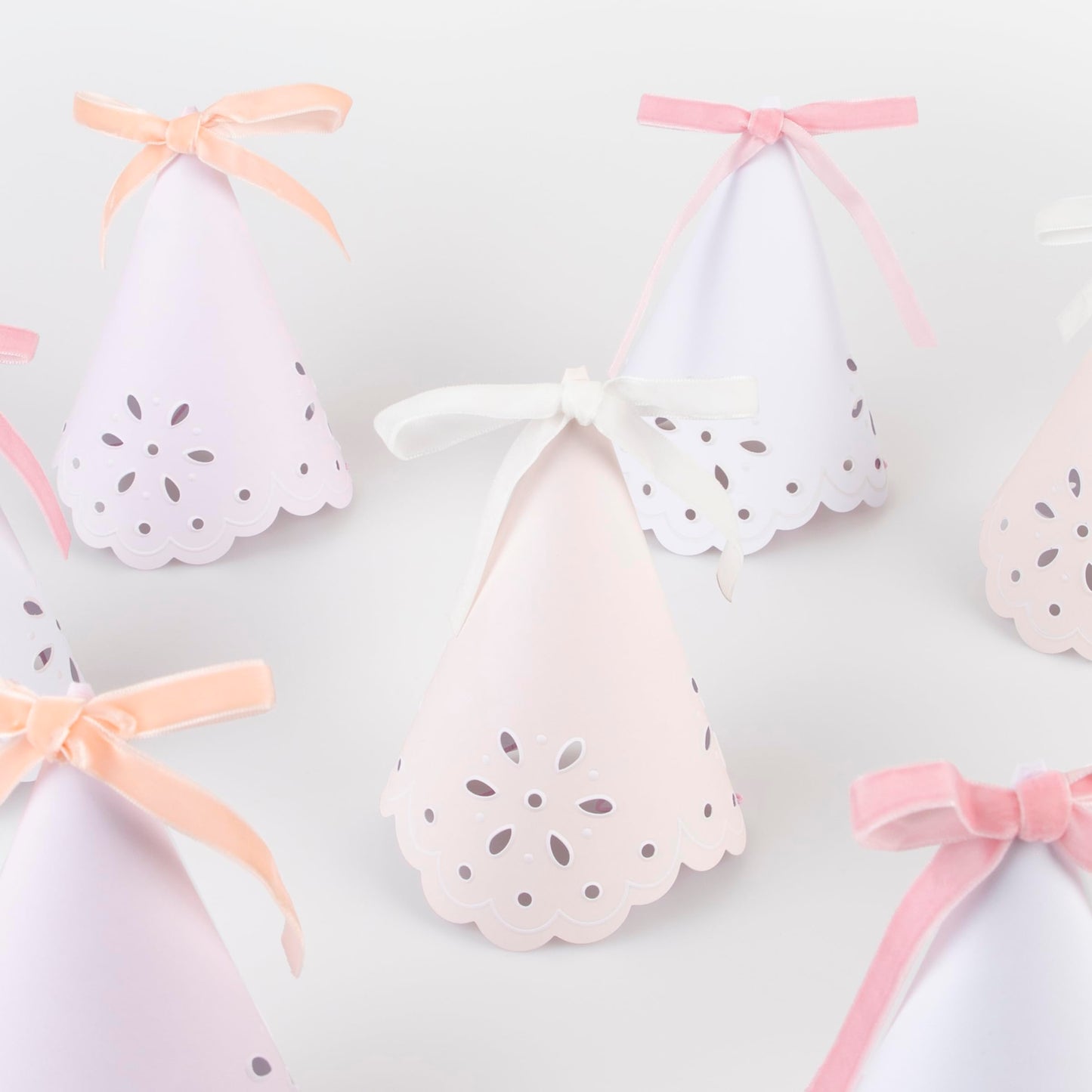 Meri Meri Broderie Anglaise Lace Party Hats Pack of 8 – Pastel Colors with Velvet Bows