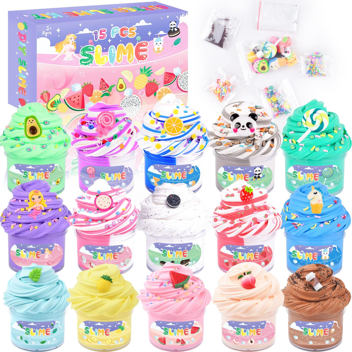 MermaidSlime 15-Pack Butter Slime Kit with Fruit Charms | Scented Slime Gift & Party Favors for Kids