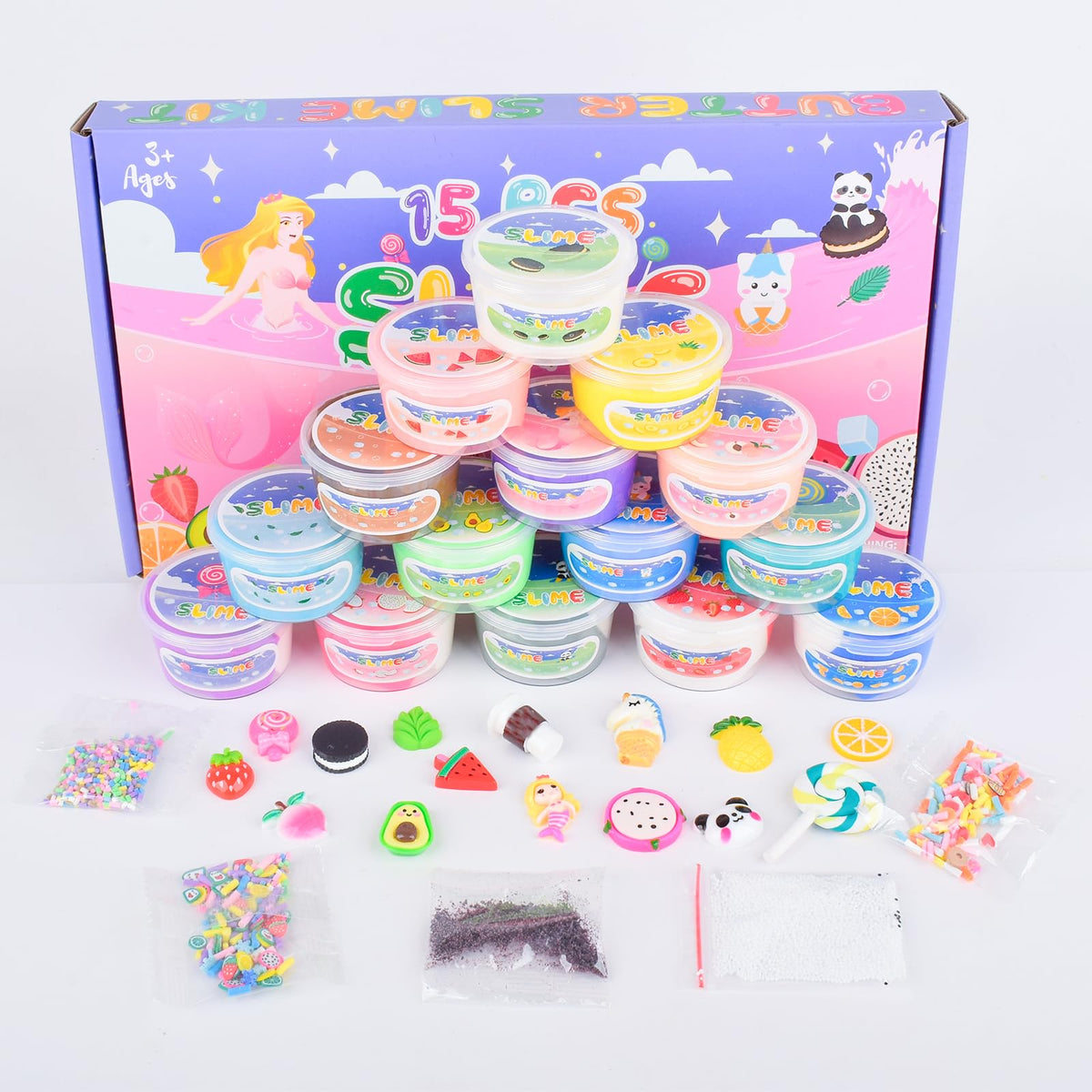 MermaidSlime 15-Pack Butter Slime Kit with Fruit Charms | Scented Slime Gift & Party Favors for Kids